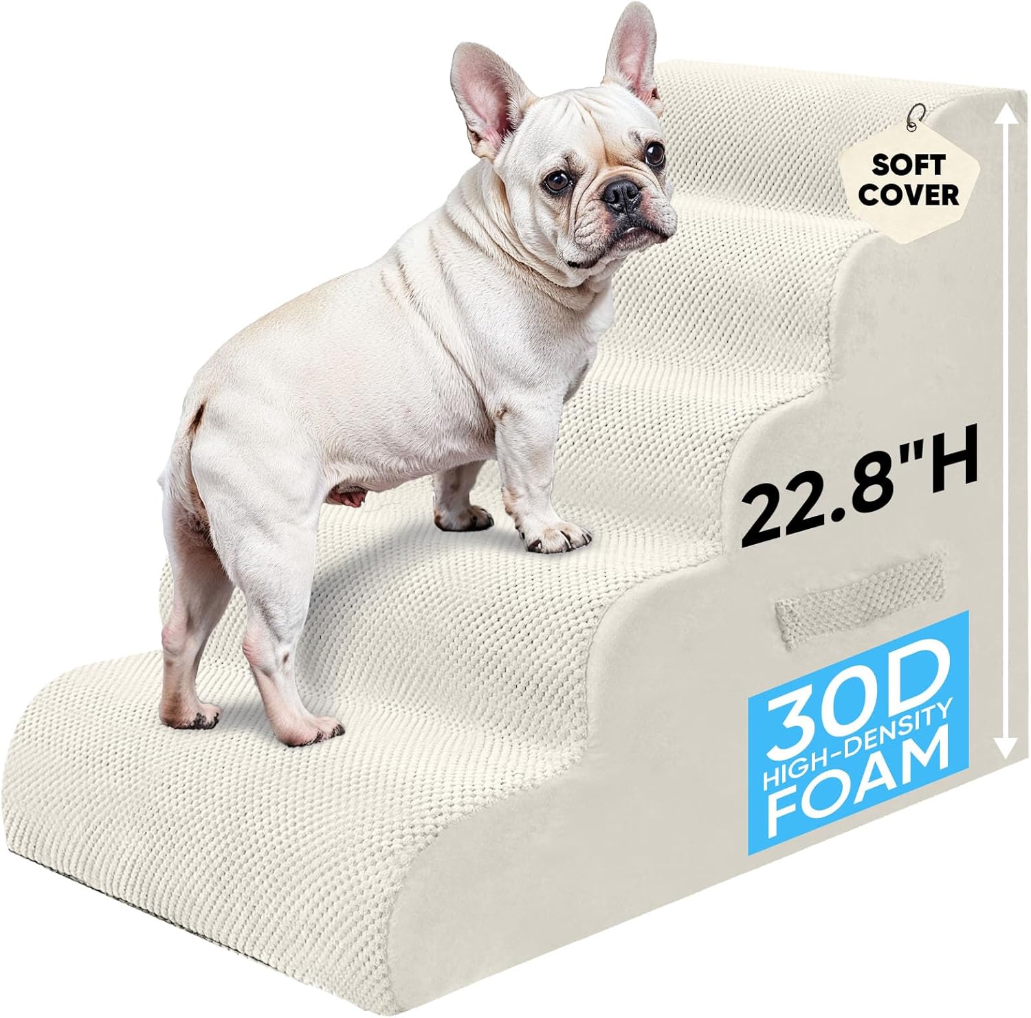 PAWSCART Pet Stairs for Dogs 5-Step, 22.8" H Pet Stairs for High Bed, Couch Sofa & Chair, 30D Material Soft Foam Dog Steps with Non-Slip Bottom Surface Removable Washable Cover, Beige