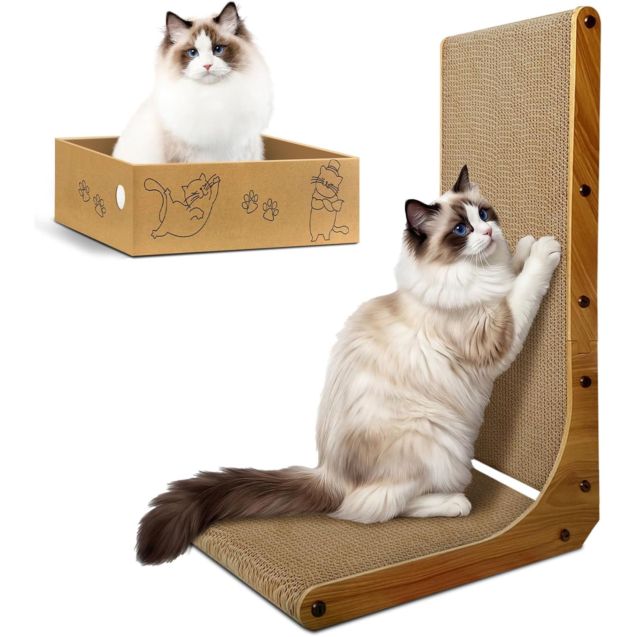 Cat Scratcher, 26 inch L Shape Cat Scratching Pad for Indoor Cats, Durable Sustainable Cardboard Scratcher with Box, Recyclable Vertical Cat Scratch Pad to Protect Furniture, Large