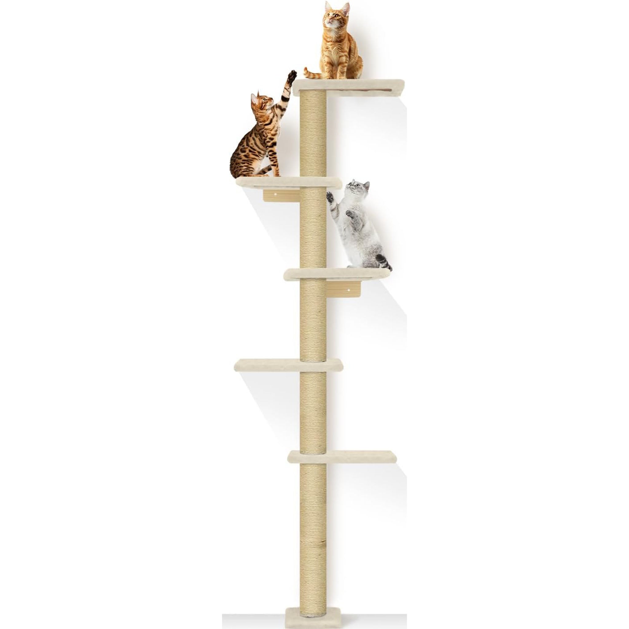 PAWSCRAT Wall-Mounted Cat Tree, 5 Tier Floor to Ceiling Cats Tower, 80 Inch Wall-Mounted Cat Scratching Post, Space Saving Cat Furniture and Easliy Climb for All Cats, Beige