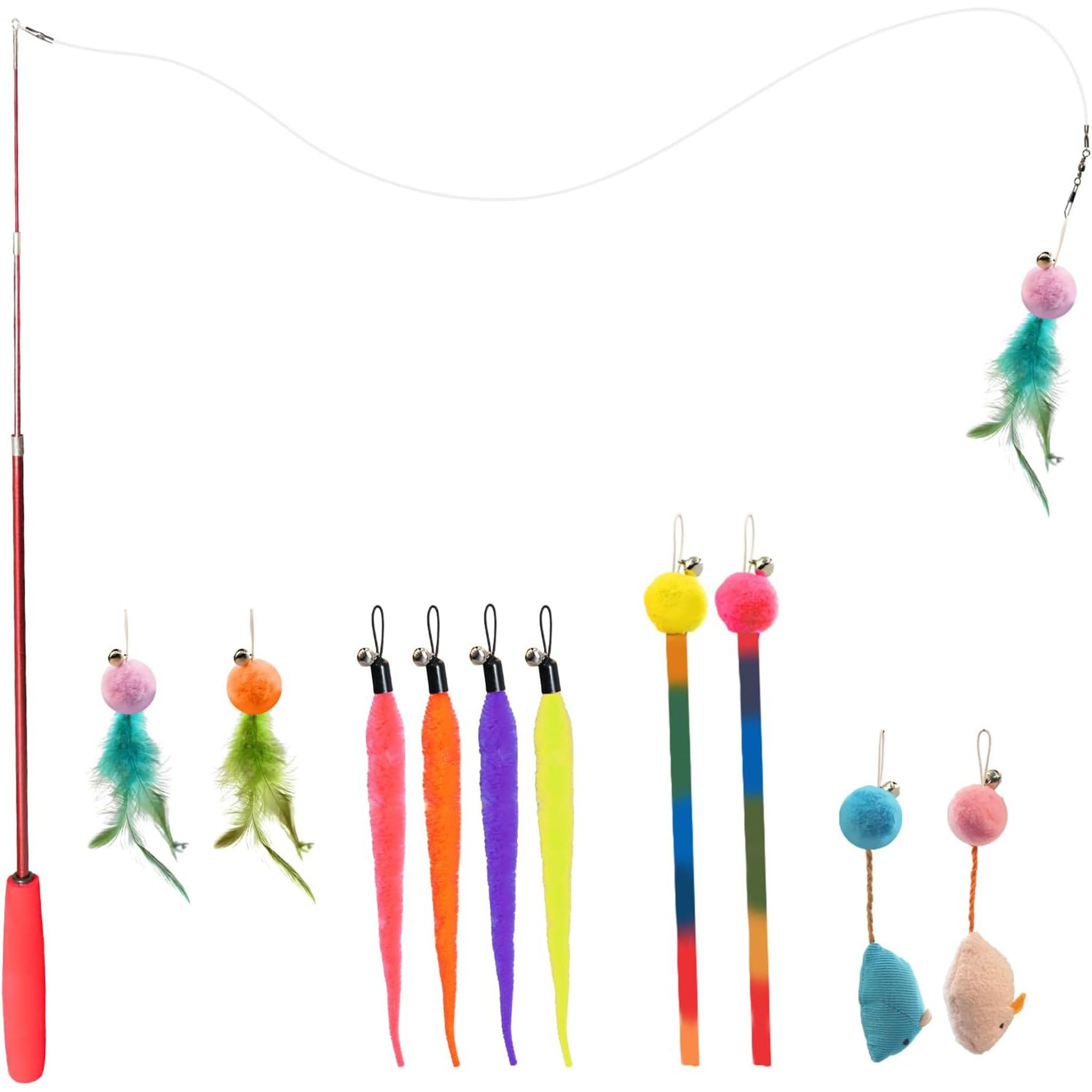 Cat Toys for Indoor Cats, 11 Packs Interactive Cat Wand Toy Set with Feather Toys&Ribbon Refills,Retractable Cat Wand with Bell Refills for Kittens Play and Exercise