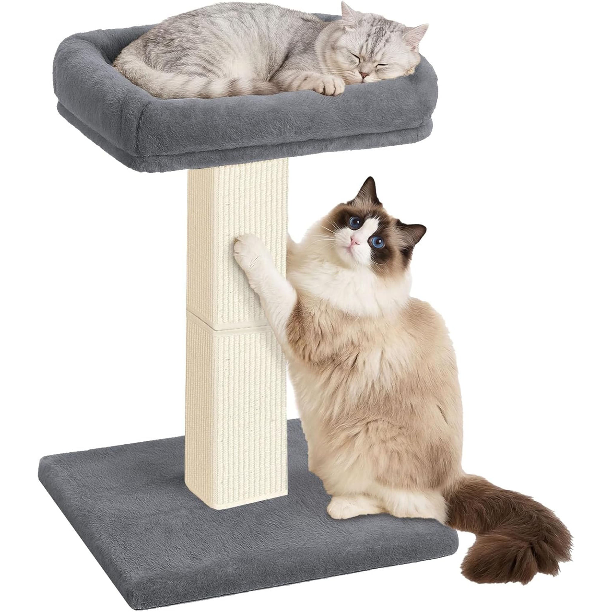 Cat Scratching Post, 32¡±Cat Scratcher with Large Plush Perch, Sisal & Carpet Scratching Post, Vertical Posts with Elevated Bed for Indoor Cats, Removable& Washable Cover