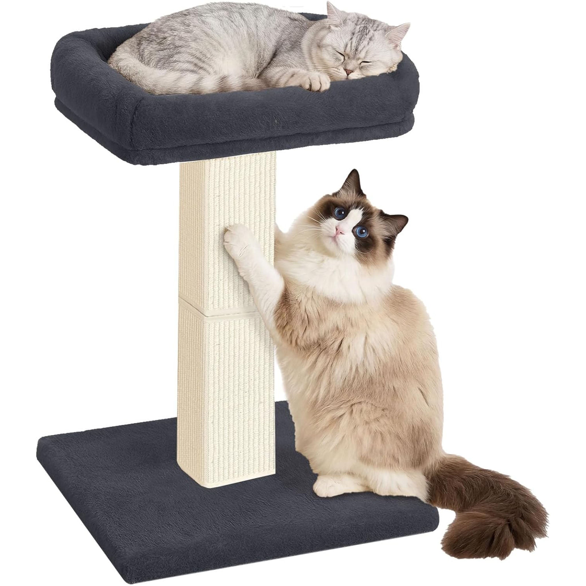 Cat Scratching Post, 32¡±Cat Scratcher with Large Plush Perch, Sisal & Carpet Scratching Post, Vertical Posts with Elevated Bed for Indoor Cats, Removable& Washable Cover