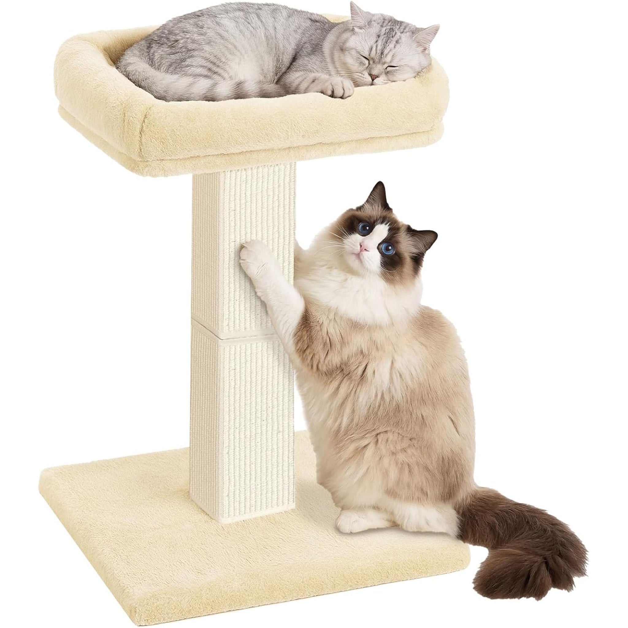 Cat Scratching Post, 32¡±Cat Scratcher with Large Plush Perch, Sisal & Carpet Scratching Post, Vertical Posts with Elevated Bed for Indoor Cats, Removable& Washable Cover
