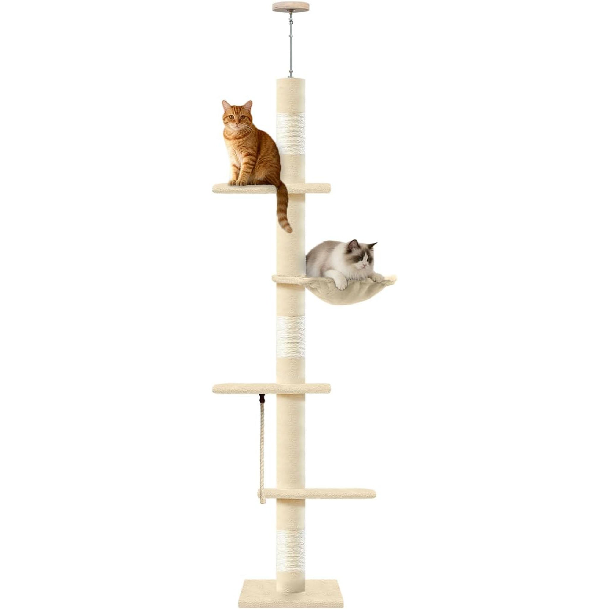 Cat Tree 5-Tier Floor to Ceiling Cat Tower with Cozy Hammock, 89-109 Inch Adjustable Height Sisal Scratching Post, Provides Vertical Enrichment for Jumping & Climbing