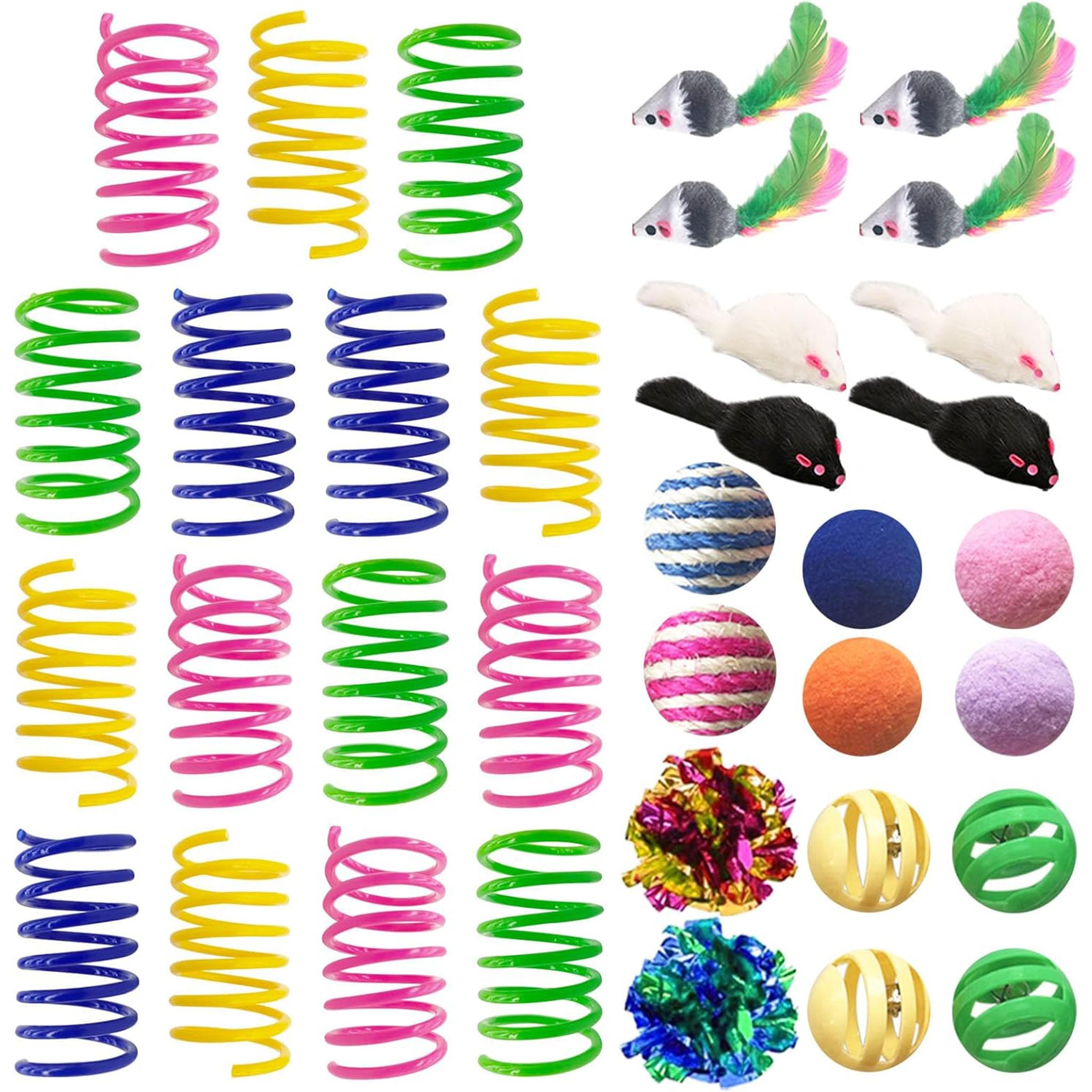 Cat Toys for Indoor Cats, 35 Packs Interactive Cat Toys Set with Colorful Springs, Mouse Cat Toy, Crinkle, Sisal, Pompom and Color Bell Balls for Kittens