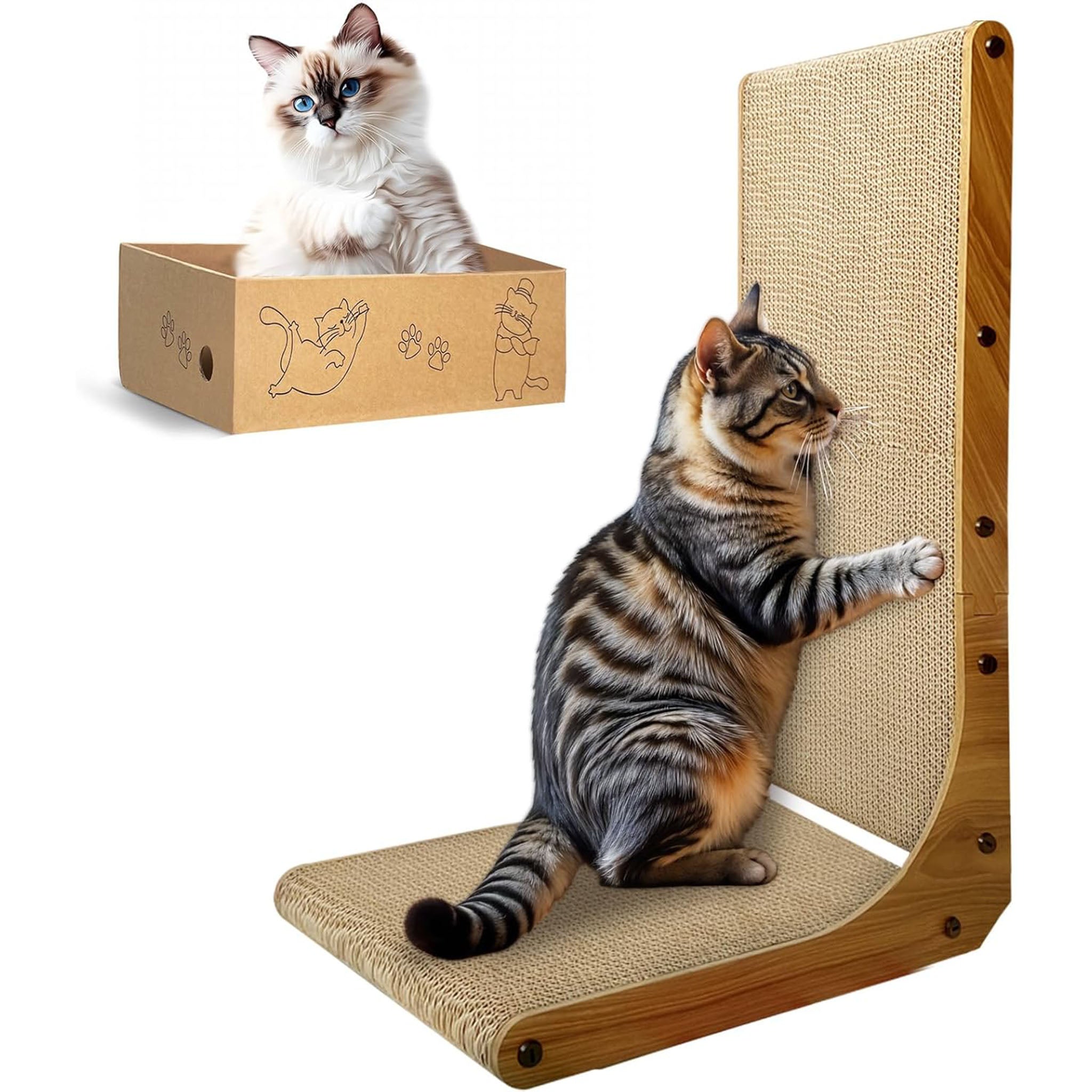Cat Scratcher, 26 inch L Shape Cat Scratching Pad for Indoor Cats, Durable Sustainable Cardboard Scratcher with Box, Recyclable Vertical Cat Scratch Pad to Protect Furniture, Large
