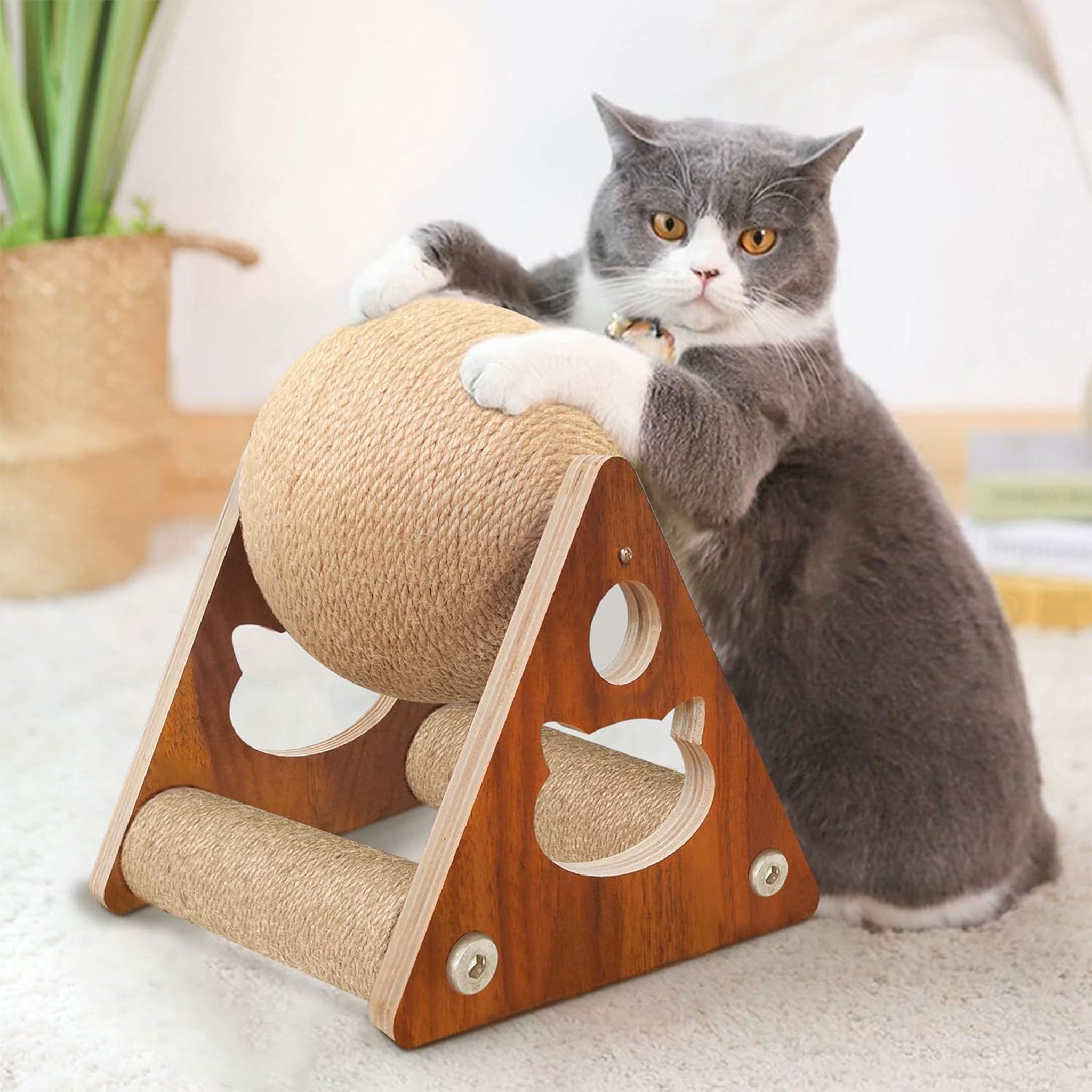 Cat Scratcher Toy, Natural Sisal Cat Scratching Ball, Cat Scratcher Toy with Ball, Scratching Ball for Cats and Kittens, Interactive Solid Wood Scratcher Pet Toy