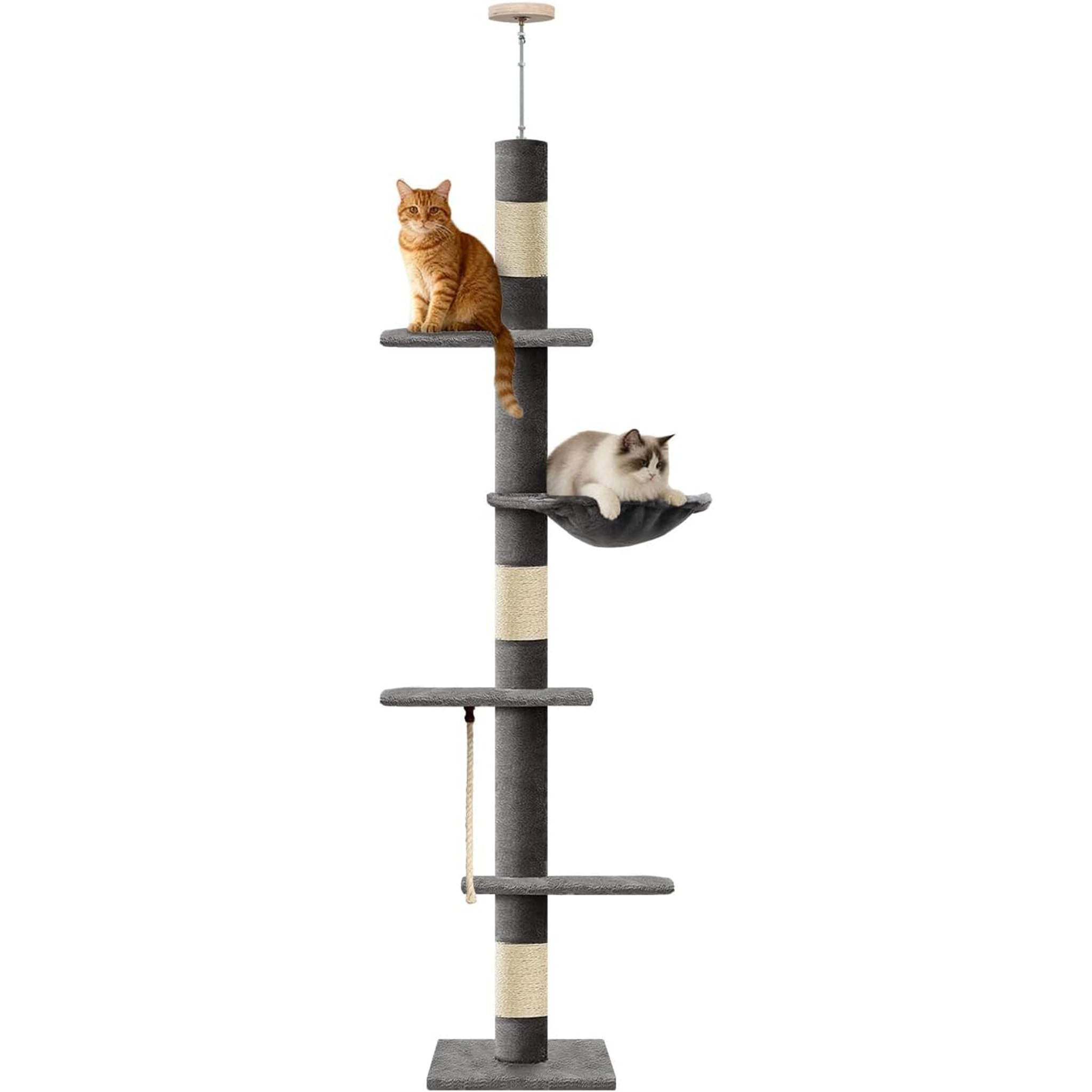 Cat Tree 5-Tier Floor to Ceiling, 89-109 Inch Adjustable Height Cat Tower with Cozy Hammock, Cat Climbing Tree for Indoor Cats, Darkgery