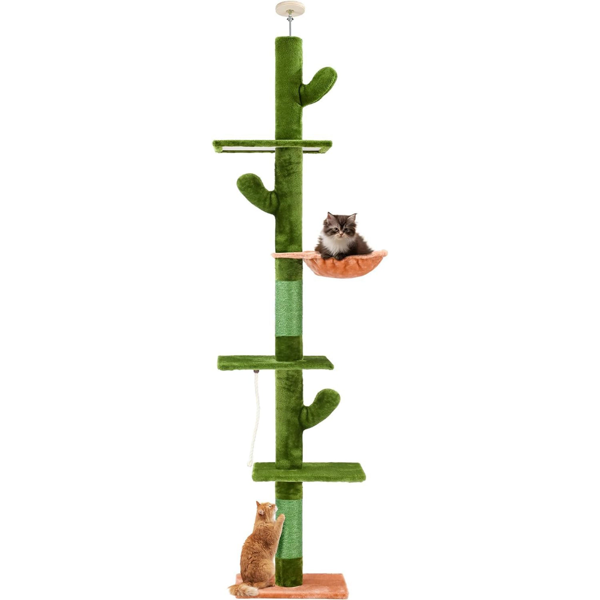 PAWSCRAT 5-Tier Cat Tree,Cat Tower with Cozy Hammock,Floor to Ceiling Cactus Cat Tower 89-109 Inch Adjustable Height,Sisal Cat Scratching Post Platforms and sisal Rope for Indoor Cats Green