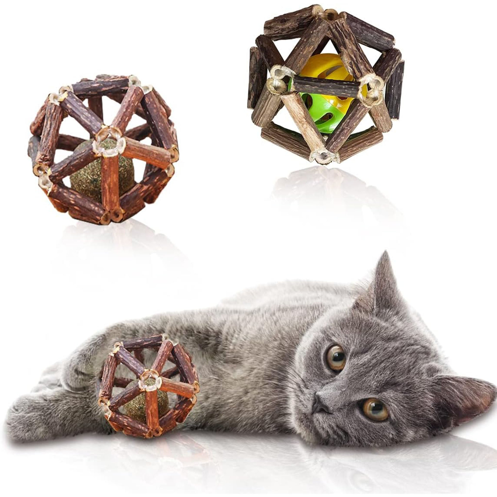 Cat Catnip Balls 2 Packs, Bell Ball Silvervine Cat Chew Toys for Cleaning Teeth, Relaxing, Improving Digestion, Pure Nature Cat Catnip Toys, Neither Addicting Nor Harmful