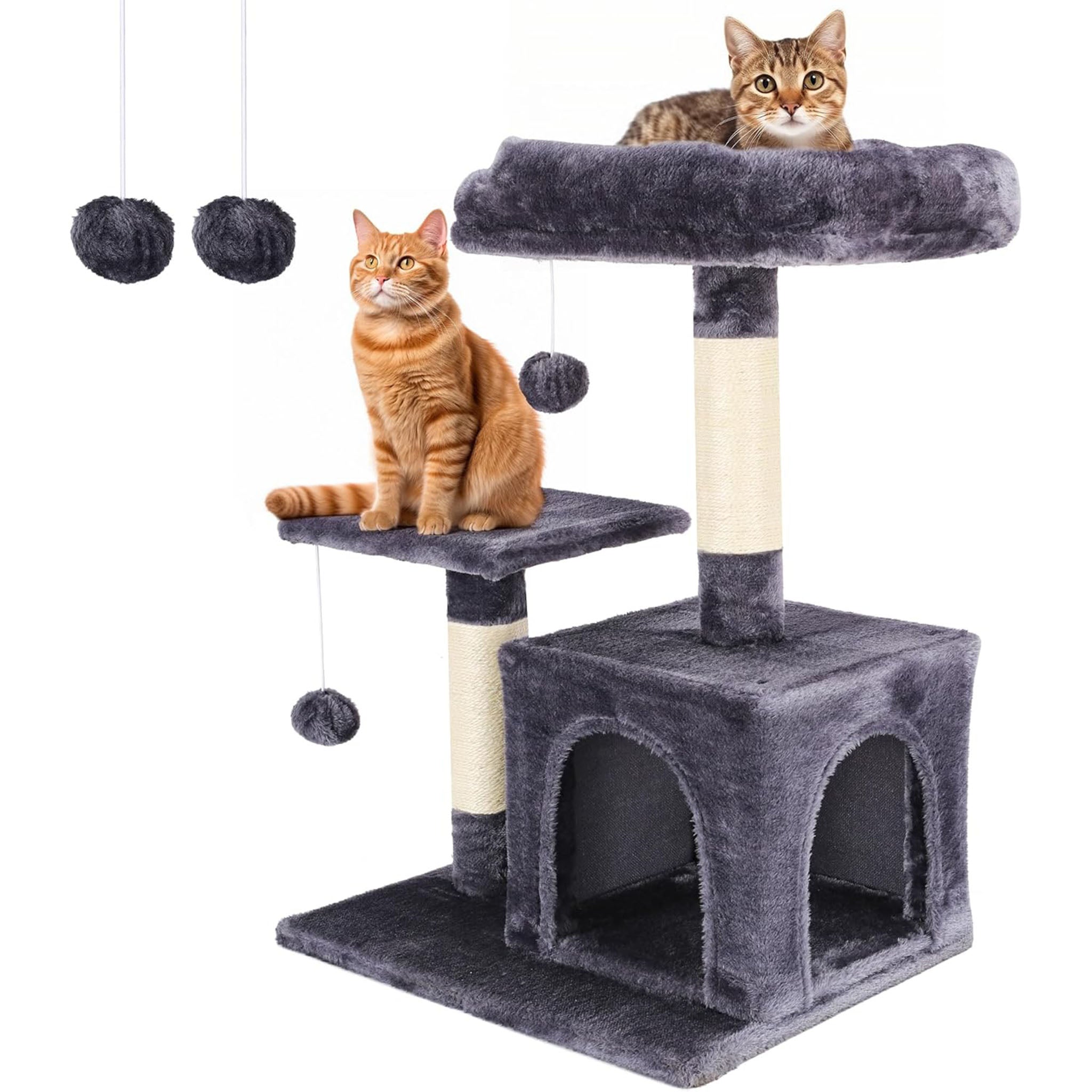 Cat Tree for Indoor Cats, 100% Sisal Cat Scratching Posts and Fluffy Balls, 26" Height Cat Tree Tower with Condo, Cozy Removable Top Bed Perch Cat Furniture