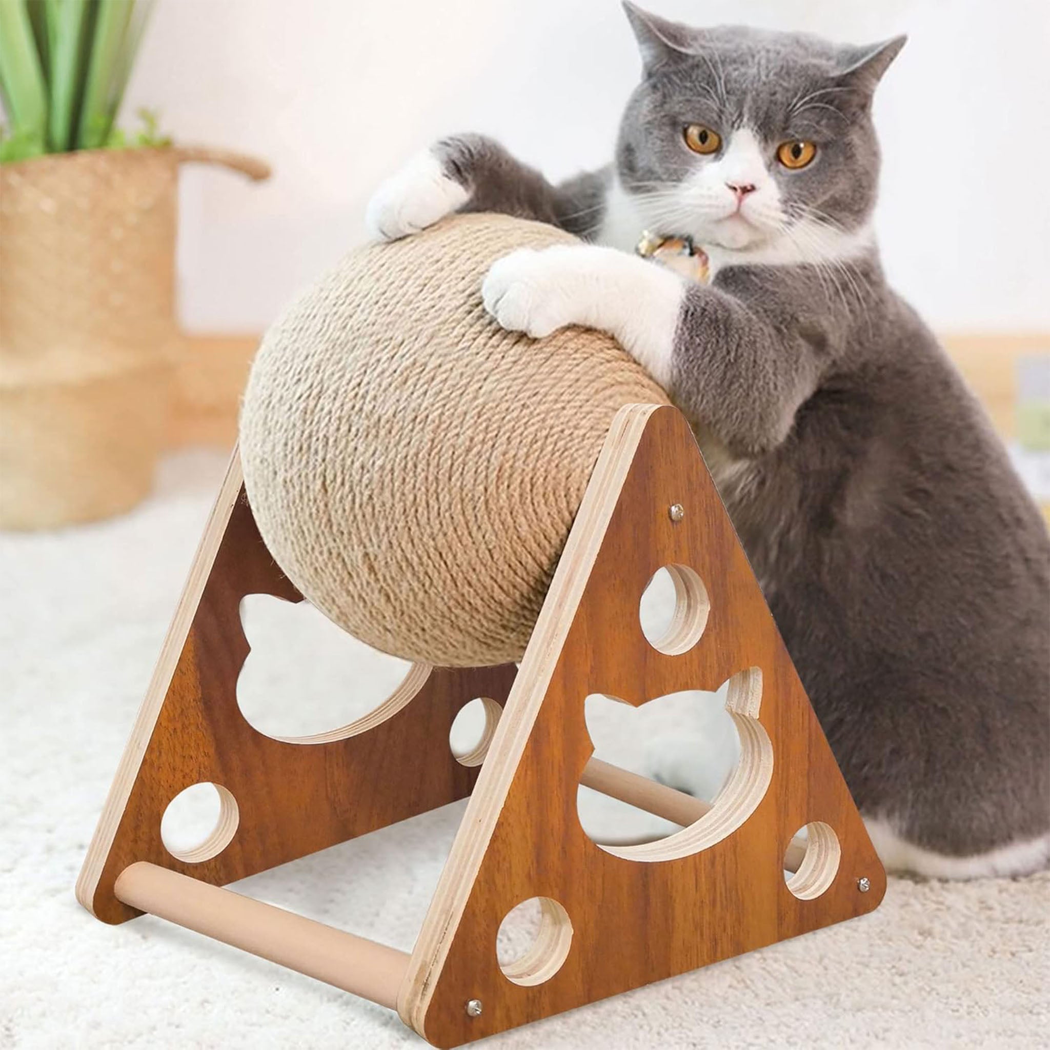 Cat Scratcher Toy, Natural Sisal Scratching Ball for Cats and Kittens, Interactive Solid Wood Pet Toy With Ball, Diameter 6.3 Inch