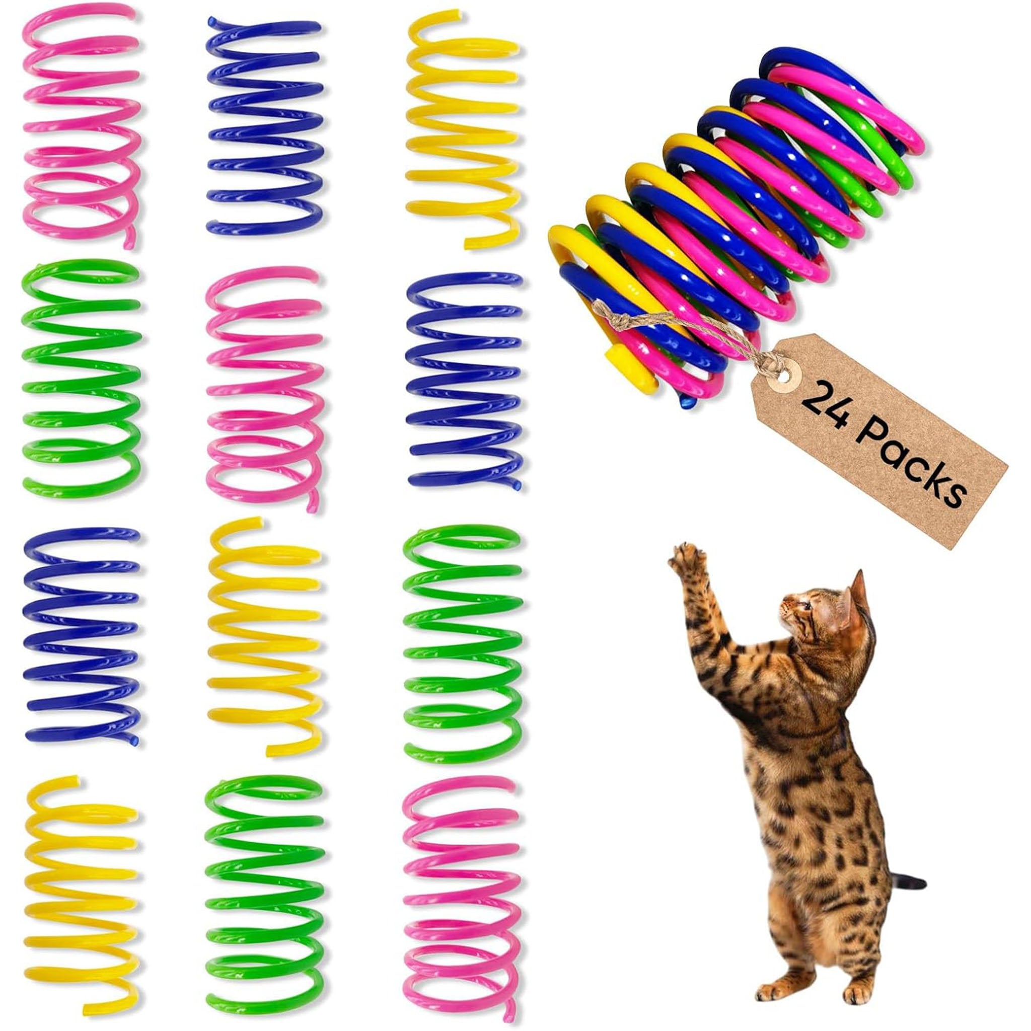 Cat Spring Toys, 24 Pack Cat Spiral Springs for Indoor Cats, Colorful & Durable Plastic Spring Coils Attract to Swat, Bite, Hunt, Interactive Toys for Kittens