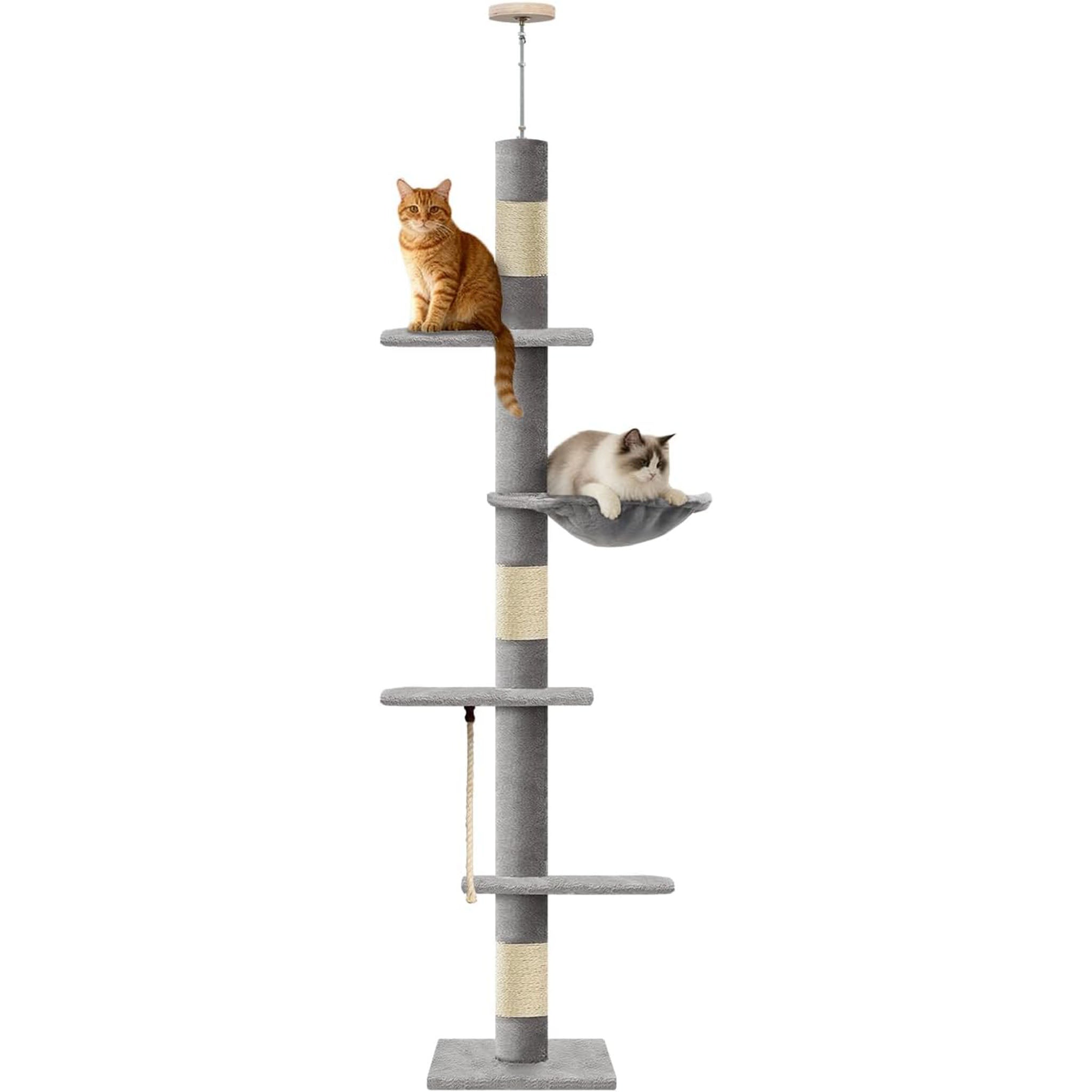Cat Tree 5-Tier Floor to Ceiling Cat Tower with Cozy Hammock, 89-109 Inch Adjustable Height Sisal Scratching Post, Provides Vertical Enrichment for Jumping & Climbing, Grey