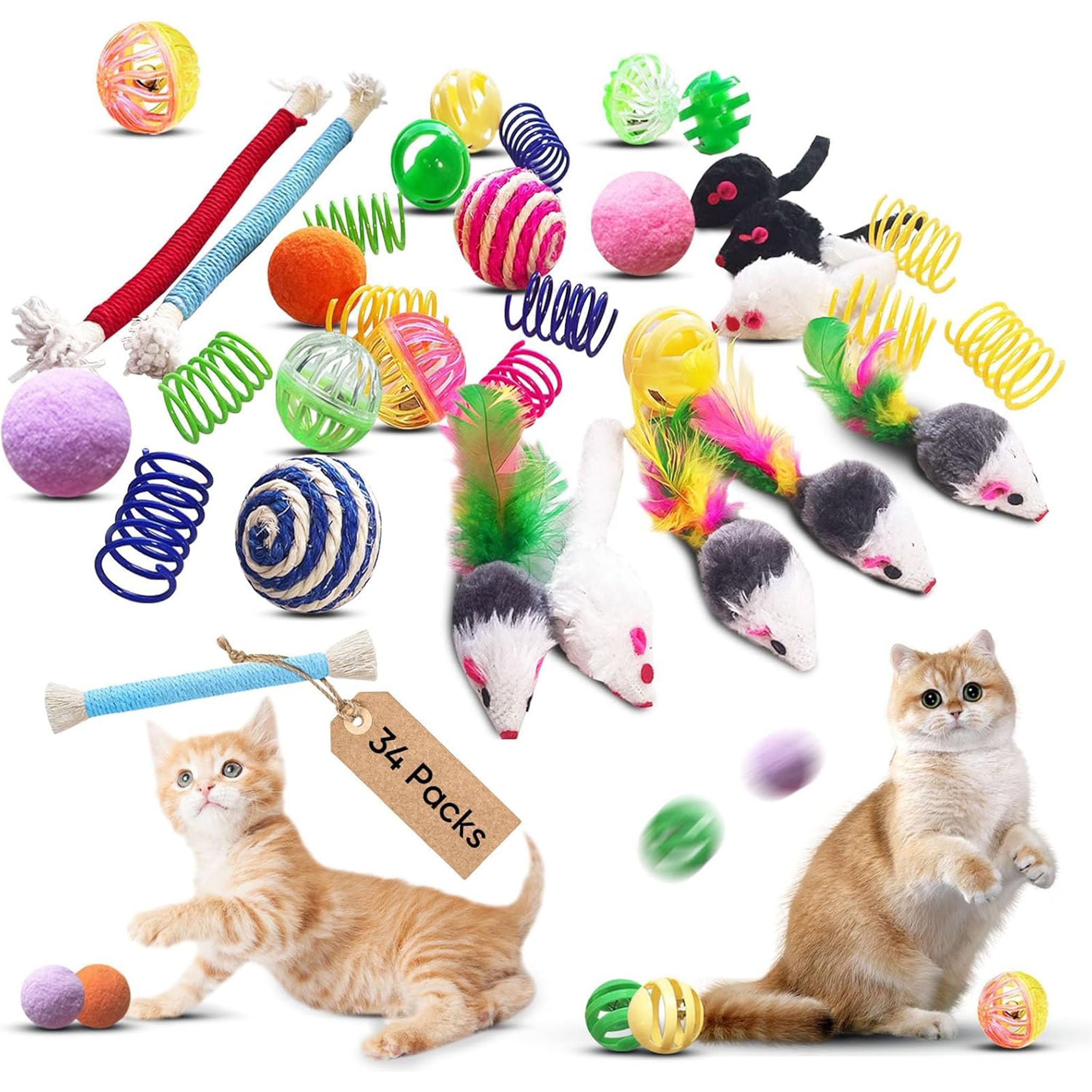 Cat Toys for Indoor Cats, 34 Packs Interactive Cat Toy Set with Colorful Springs Toys, Mouse Toy, Catnip Ropes, Balls, Bells, and Sisal Ball for Kittens