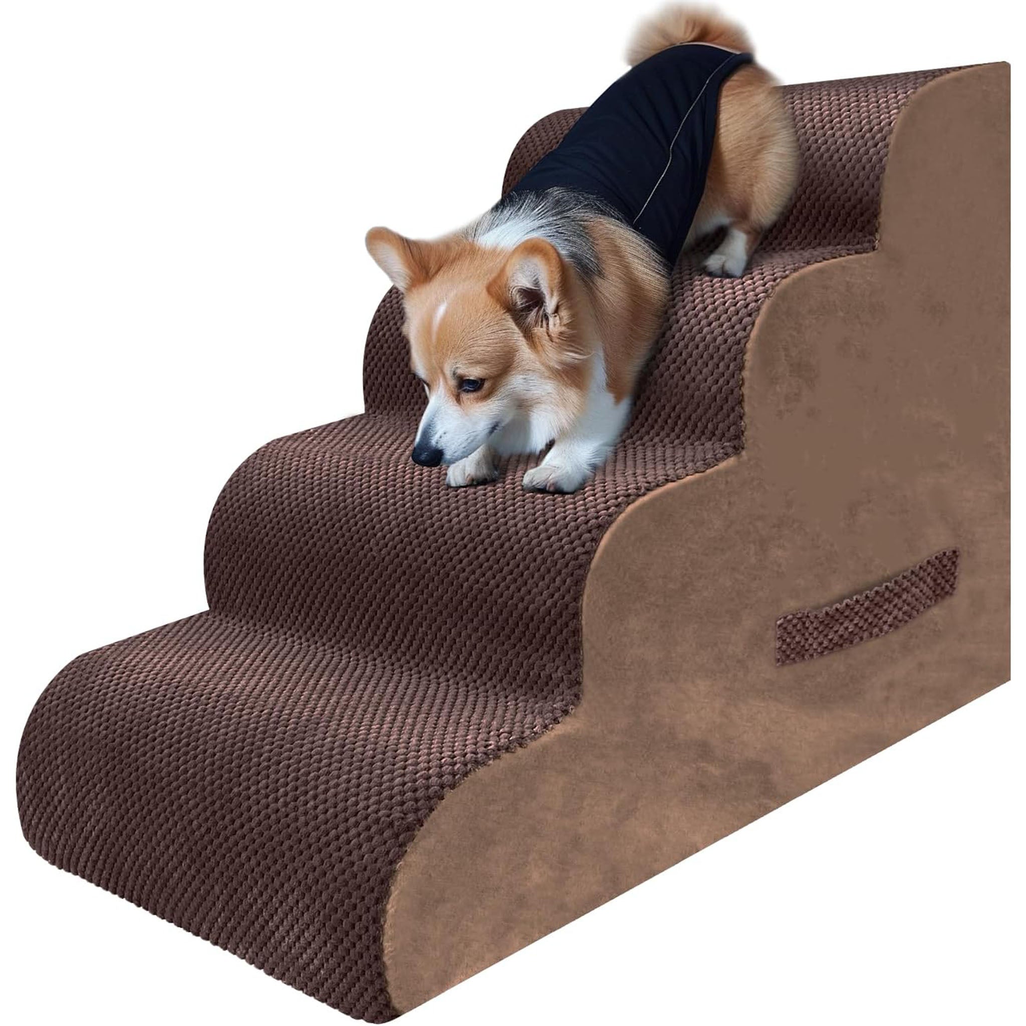 PAWSCART Dog Stairs for Small Pets, 19.6" H With 30D Material Soft Foam, Portable Ramp Non-Slip for Couch and High Bed Climbing, 4-Step Stairs for Cat or Dog, Brown