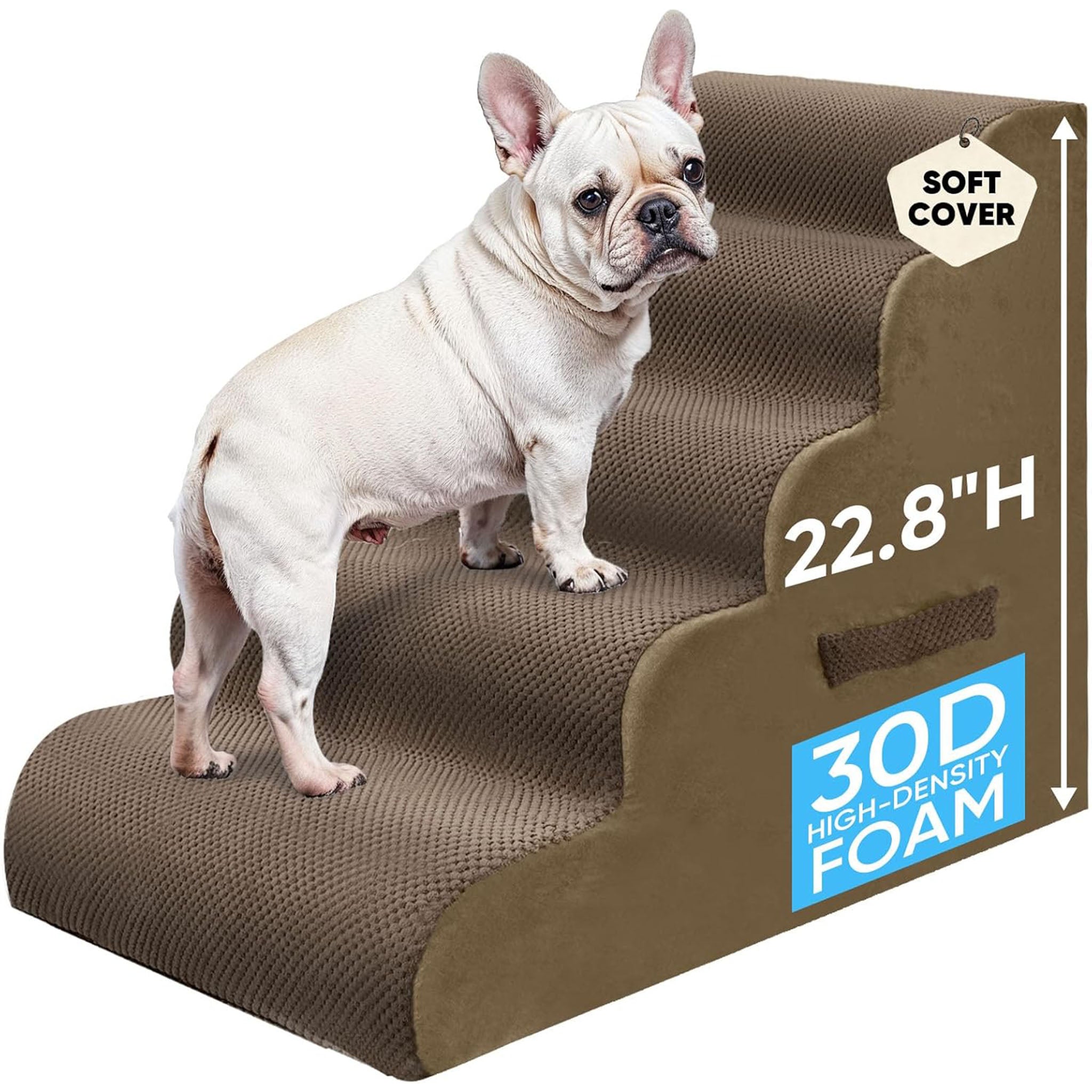 PAWSCART Pet Stairs for Dogs 5-Step, 22.8" H Pet Stairs for High Bed, Couch Sofa & Chair, 30D Material Soft Foam Dog Steps with Non-Slip Bottom Surface Removable Washable Cover, Brown