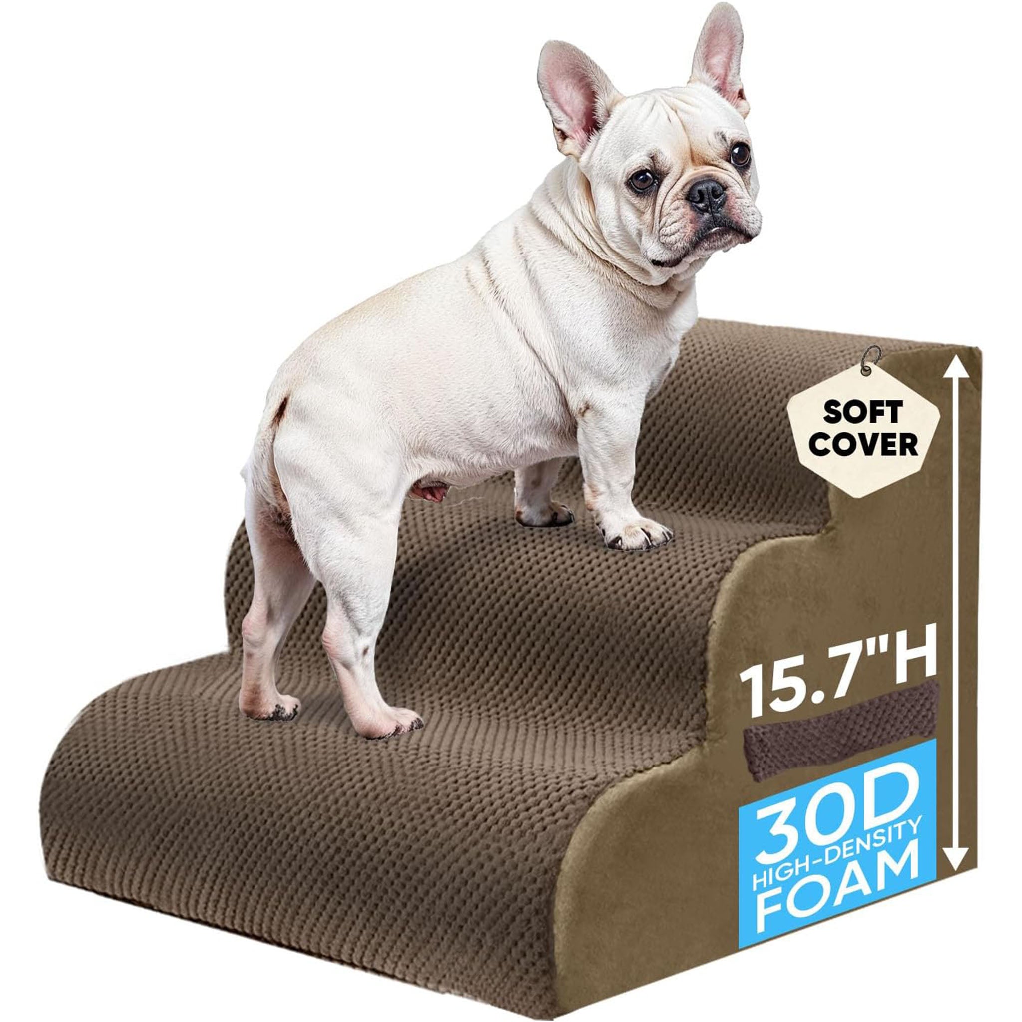 PAWSCART Pet Stairs for Dogs 3-Step, 15.7" H Pet Stairs for High Bed, Couch Sofa & Chair, 30D Material Soft Foam Dog Steps with Non-Slip Bottom Surface Removable Washable Cover, Brown