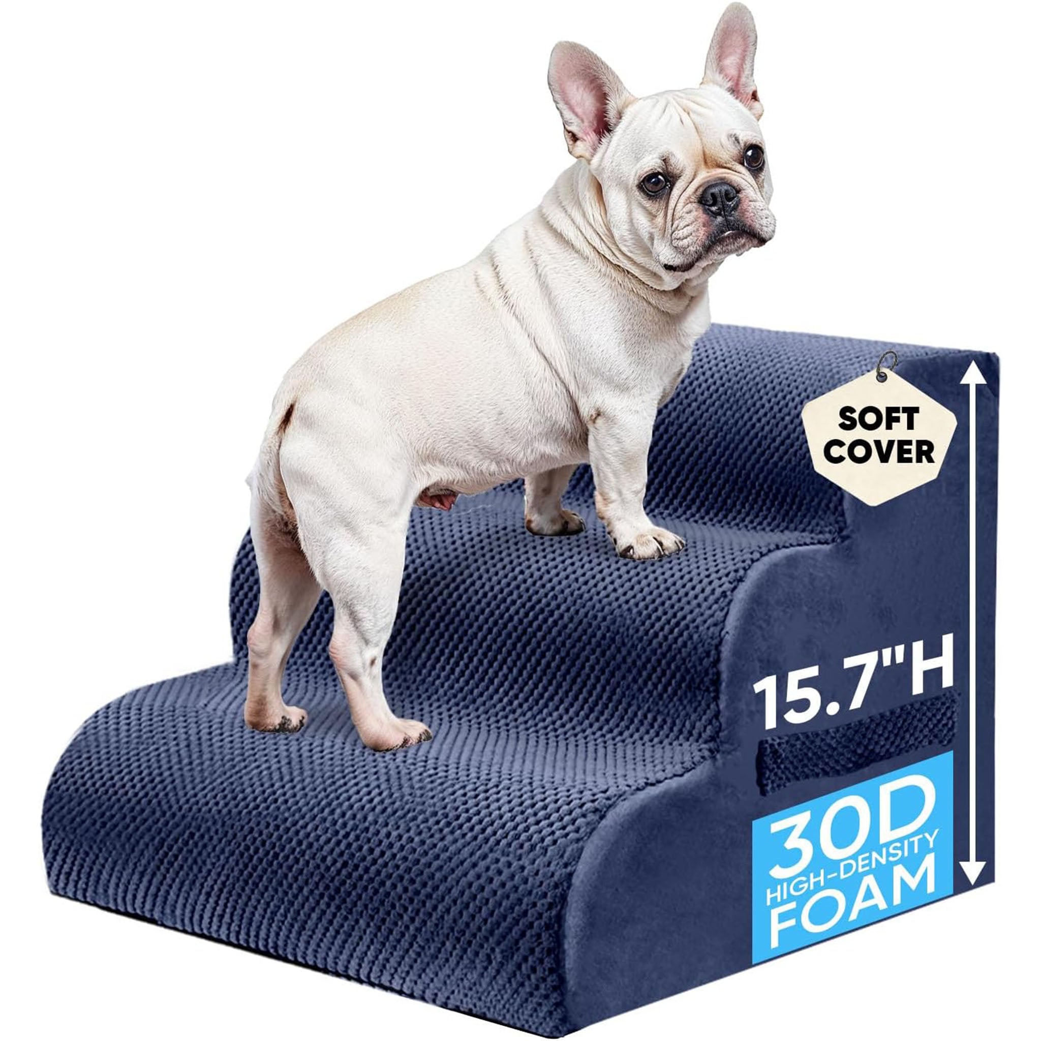 PAWSCART Pet Stairs for Dogs 3-Step, 15.7" H Pet Stairs for High Bed, Couch Sofa & Chair, 30D Material Soft Foam Dog Steps with Non-Slip Bottom Surface Removable Washable Cover, Blue
