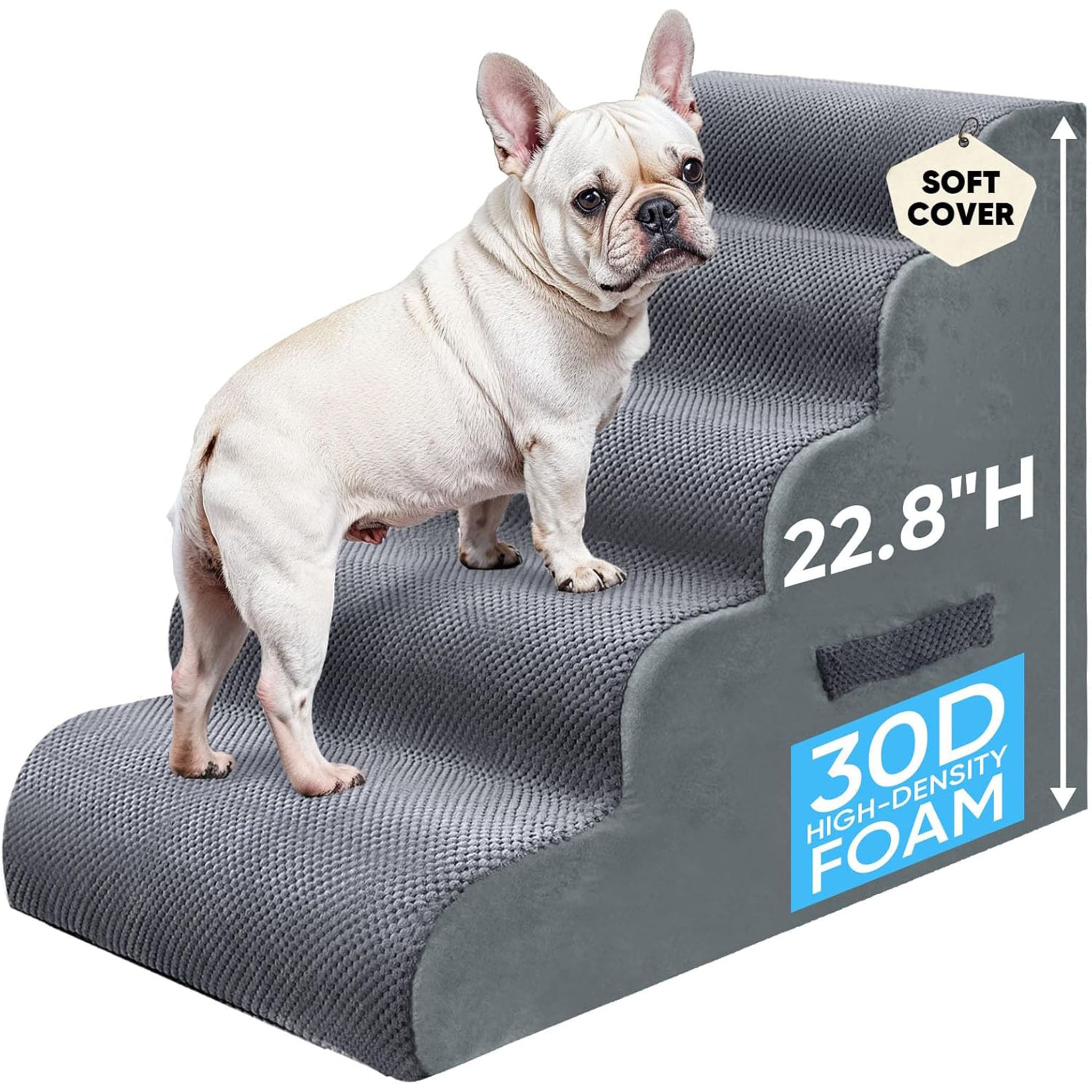 PAWSCART Pet Stairs for Dogs 5-Step, 22.8" H Pet Stairs for High Bed, Couch Sofa & Chair, 30D Material Soft Foam Dog Steps with Non-Slip Bottom Surface Removable Washable Cover, Grey