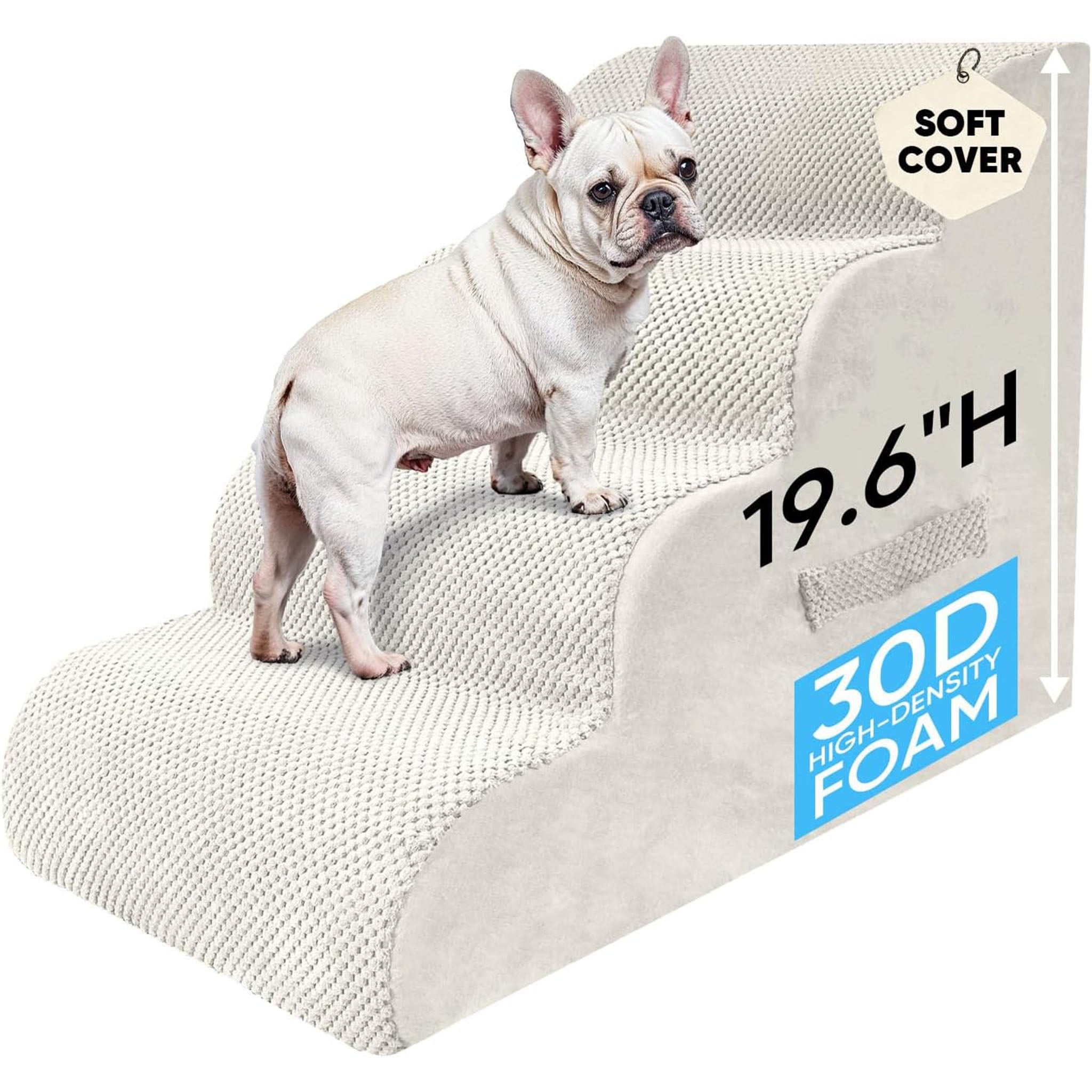PAWSCART Pet Stairs for Dogs 4-Step, 19.6" H Pet Stairs for High Bed, Couch Sofa & Chair, 30D Material Soft Foam Dog Steps with Non-Slip Bottom Surface Removable Washable Cover, Beige