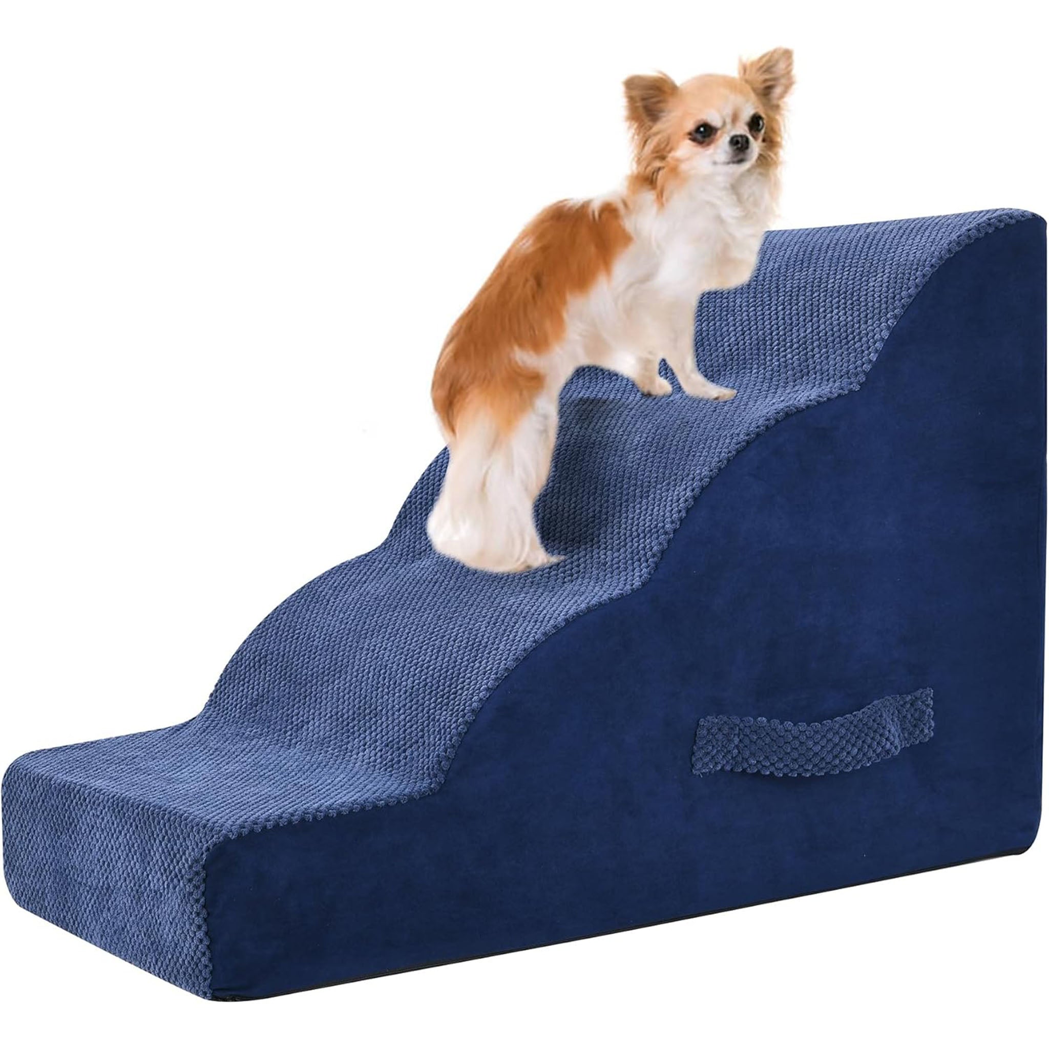 PAWSCRAT Dog Stairs 4 Steps, 19.6 Inch High Pet Stairs, 30D Foam Curved Steps With Small Angle to Protect Joints, for Small Dogs to Bed, Blue