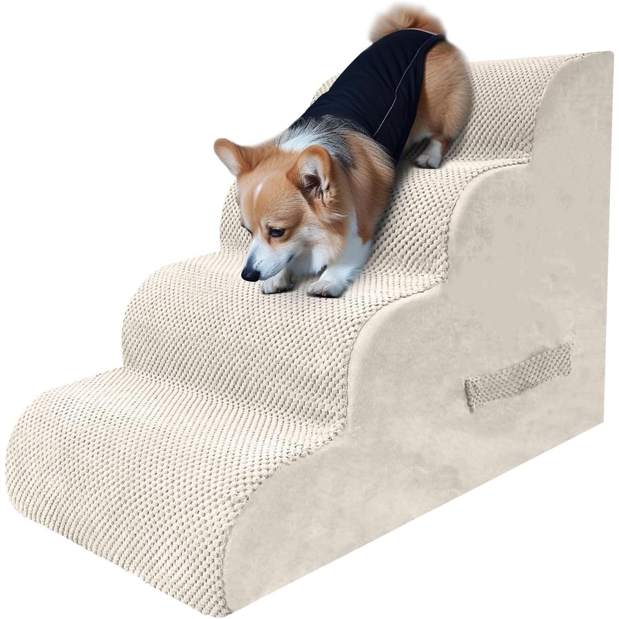 PAWSCART Dog Stairs - 19.6' H, 4-Step Soft Foam Pet Stairs for Dogs & Cats, Non-Slip, Portable, Beige