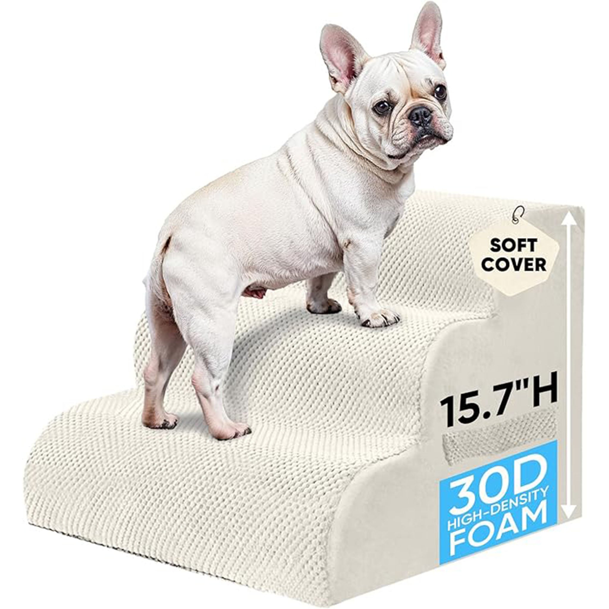 PAWSCART Pet Stairs for Dogs 3-Step, 15.7" H Pet Stairs for High Bed, Couch Sofa & Chair, 30D Material Soft Foam Dog Steps with Non-Slip Bottom Surface Removable Washable Cover, Beige
