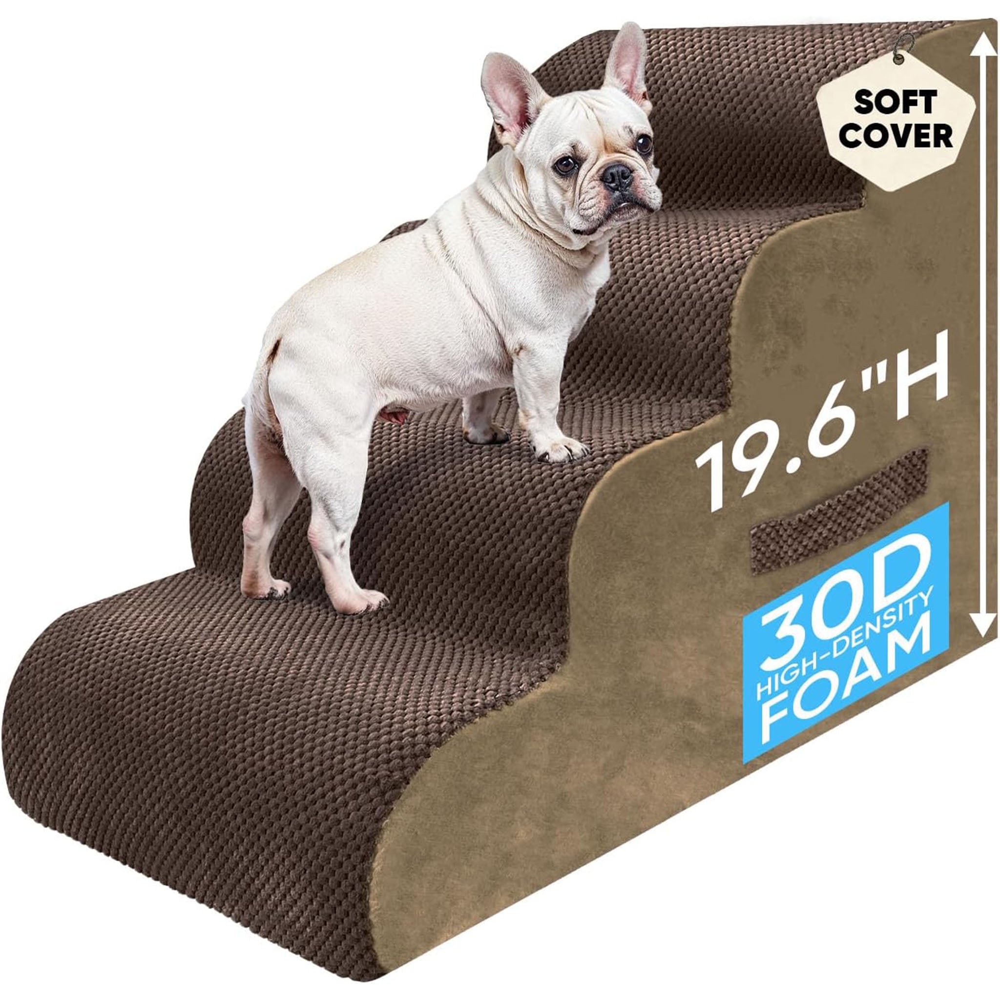 PAWSCART Pet Stairs for Dogs 4-Step, 19.6" H Pet Stairs for High Bed, Couch Sofa & Chair, 30D Material Soft Foam Dog Steps with Non-Slip Bottom Surface Removable Washable Cover, Brown