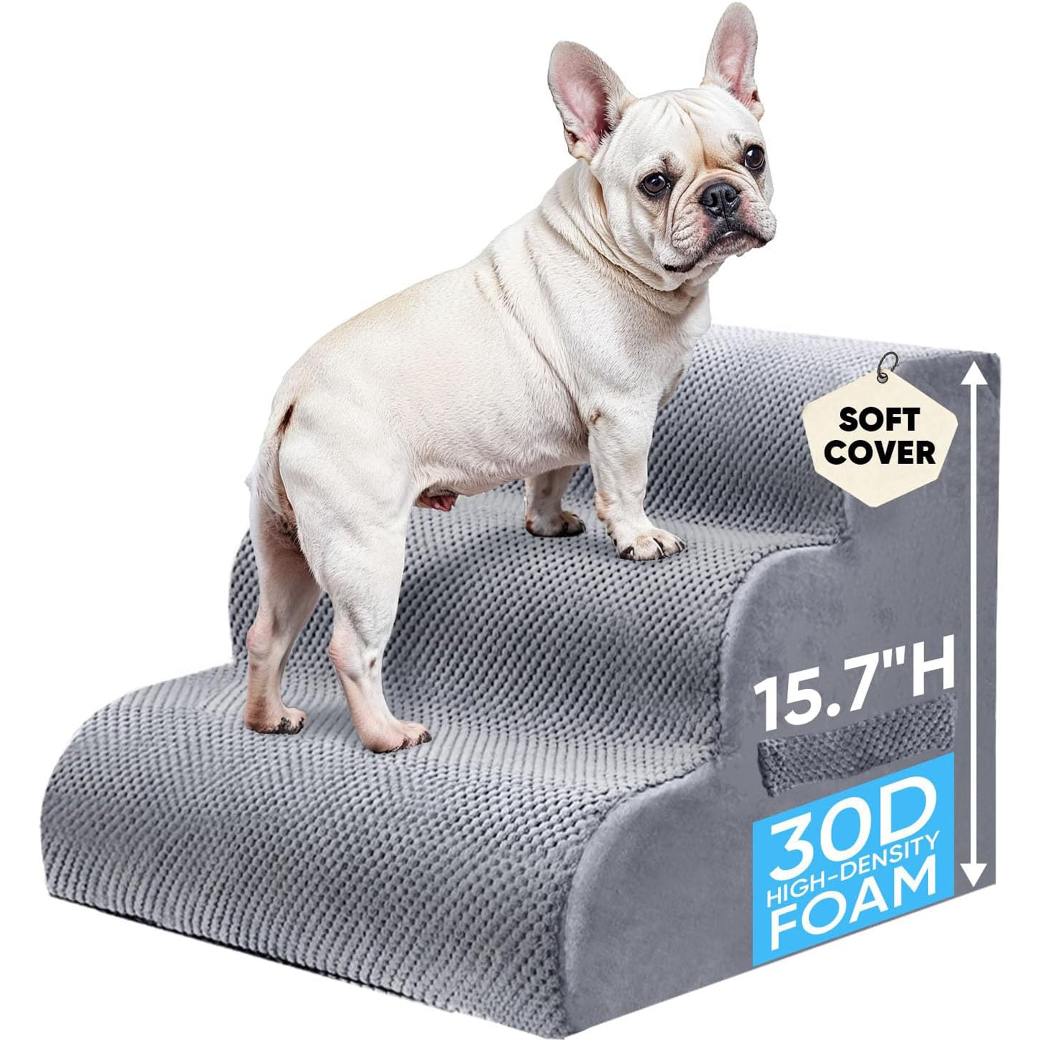 PAWSCART Pet Stairs for Dogs 3-Step, 17.7" H Pet Stairs for High Bed, Couch Sofa & Chair, 30D Material Soft Foam Dog Steps with Non-Slip Bottom Surface Removable Washable Cover, LightGrey