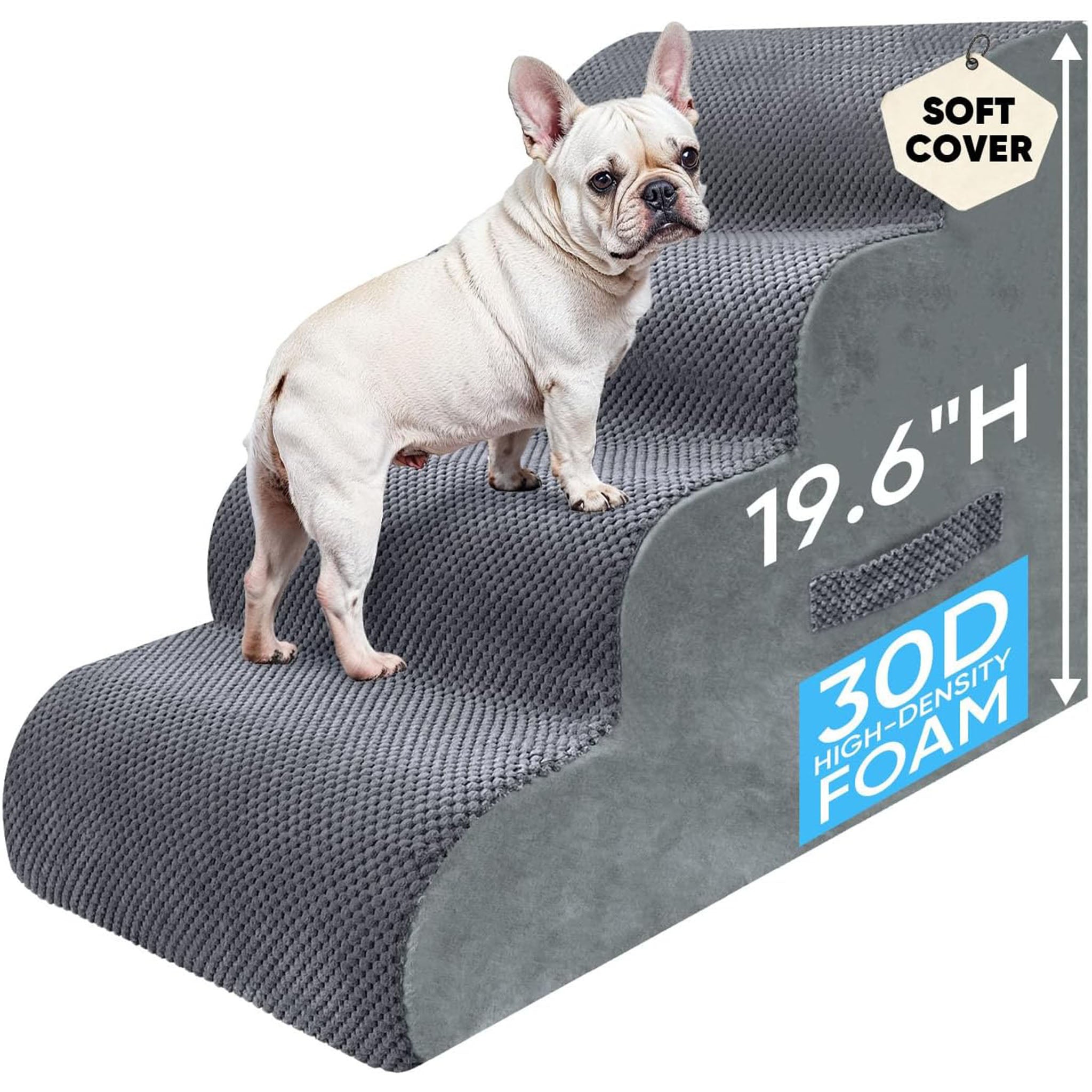 PAWSCART Pet Stairs for Dogs 4-Step, 19.6" H Pet Stairs for High Bed, Couch Sofa & Chair, 30D Material Soft Foam Dog Steps with Non-Slip Bottom Surface Removable Washable Cover, Grey